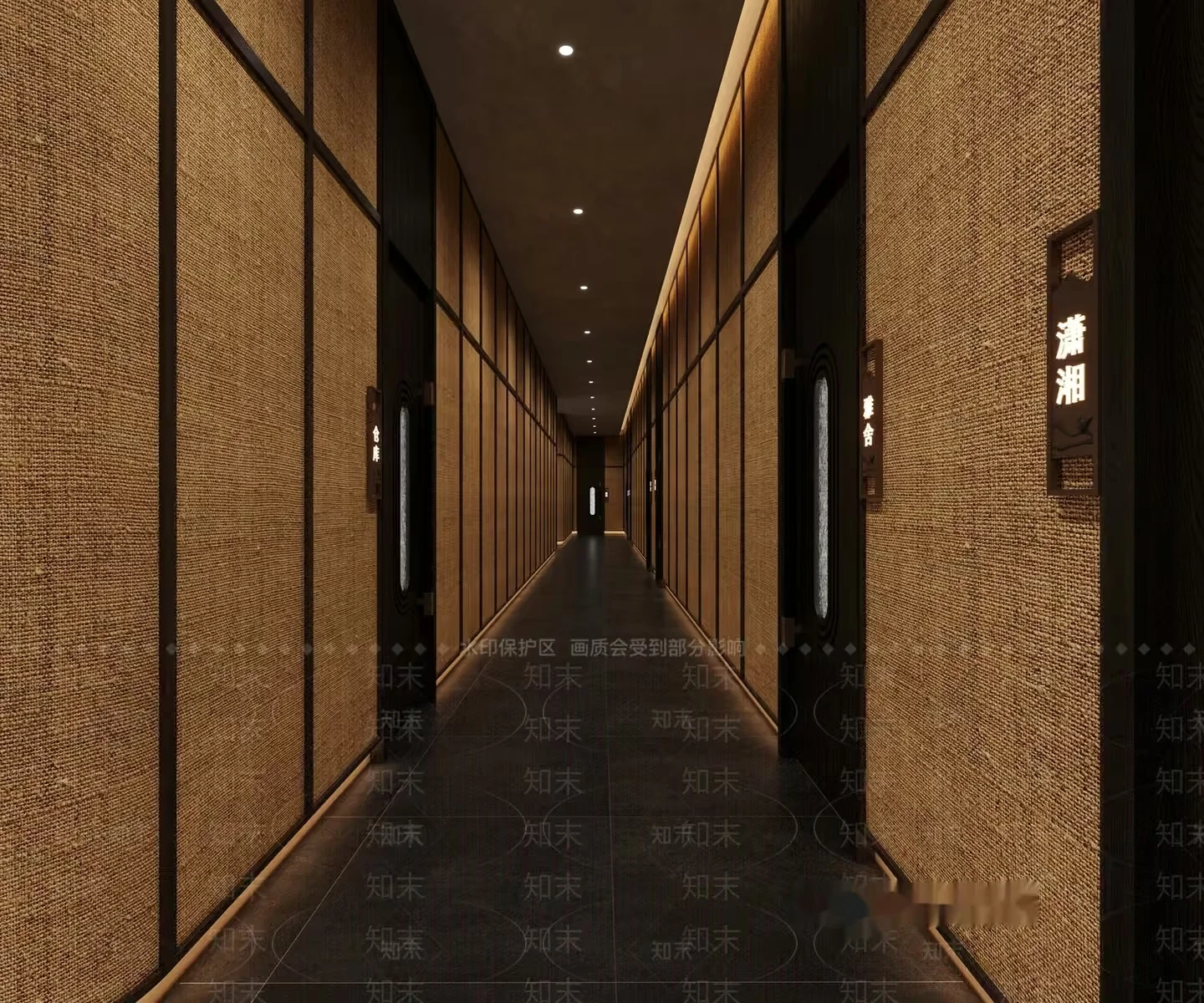 A Long Hallway With A Dark Brown Floor And Beige Walls 3D Model – 11902 – VRAY Render