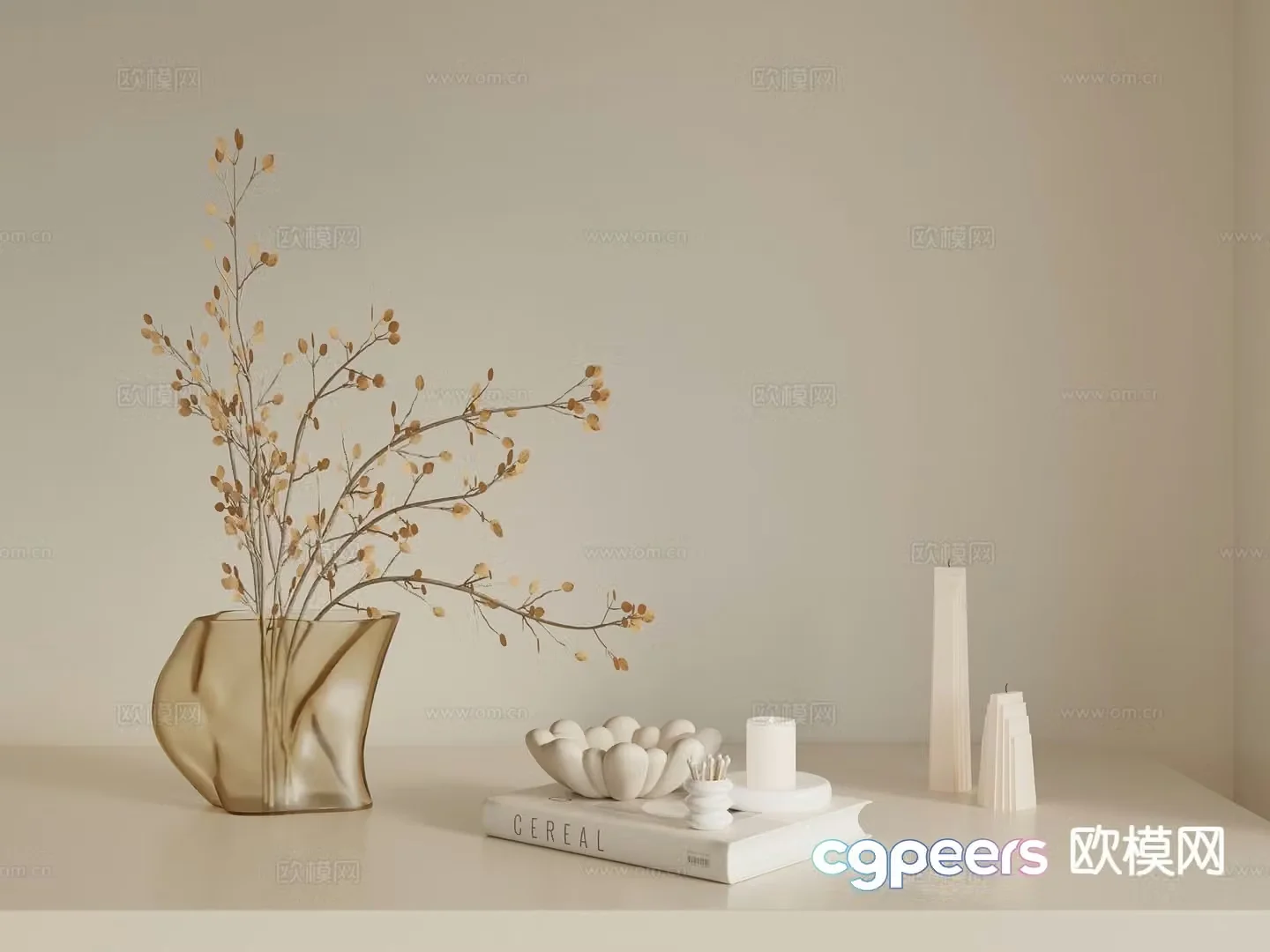 Cream style ornaments books candles water bottle 3d model