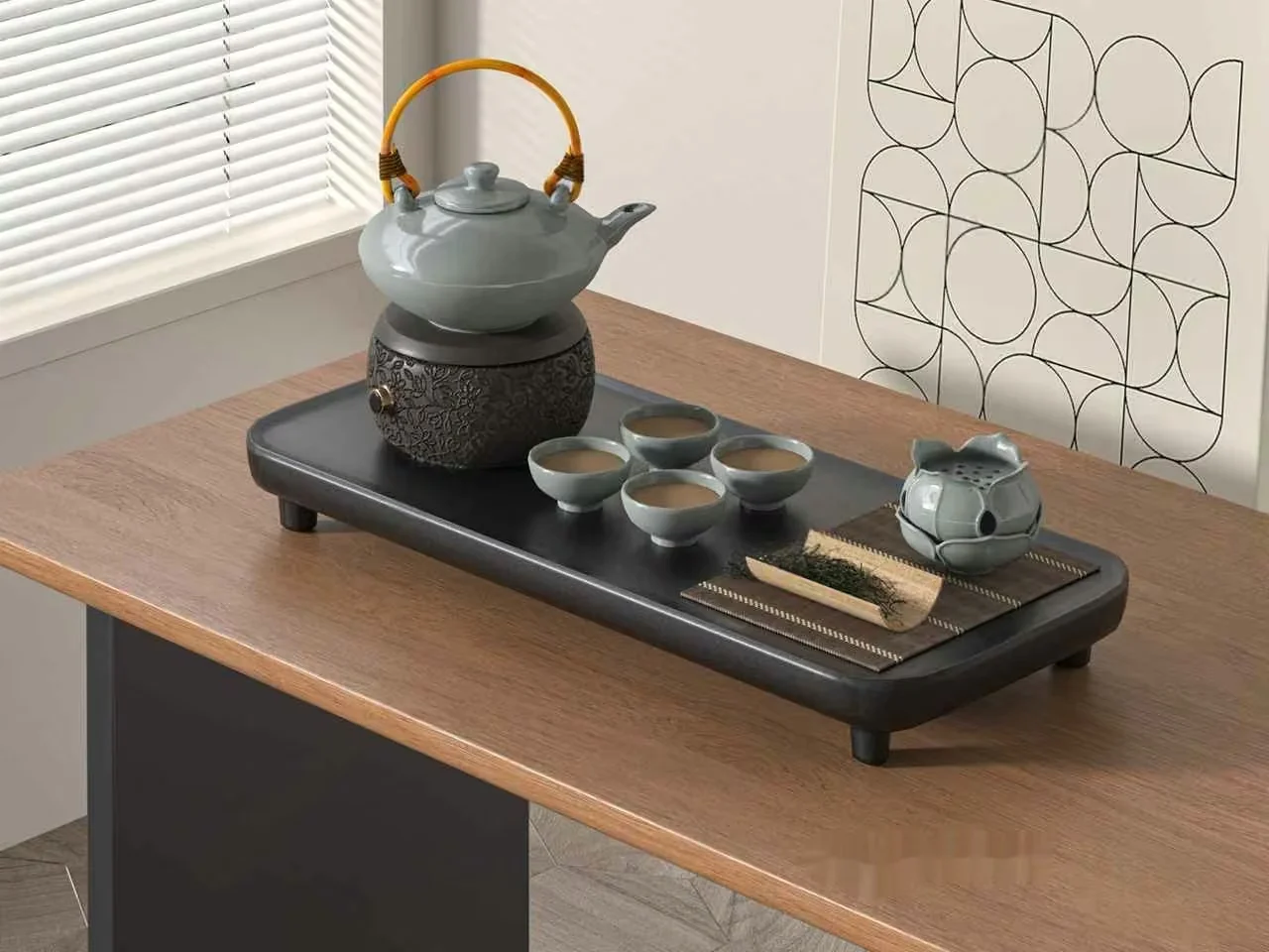A Wooden Table With A Tea Set 3D Model – 17645 – VRAY Render