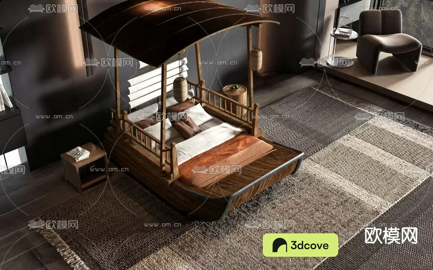 New Chinese style double bed wooden boat bed