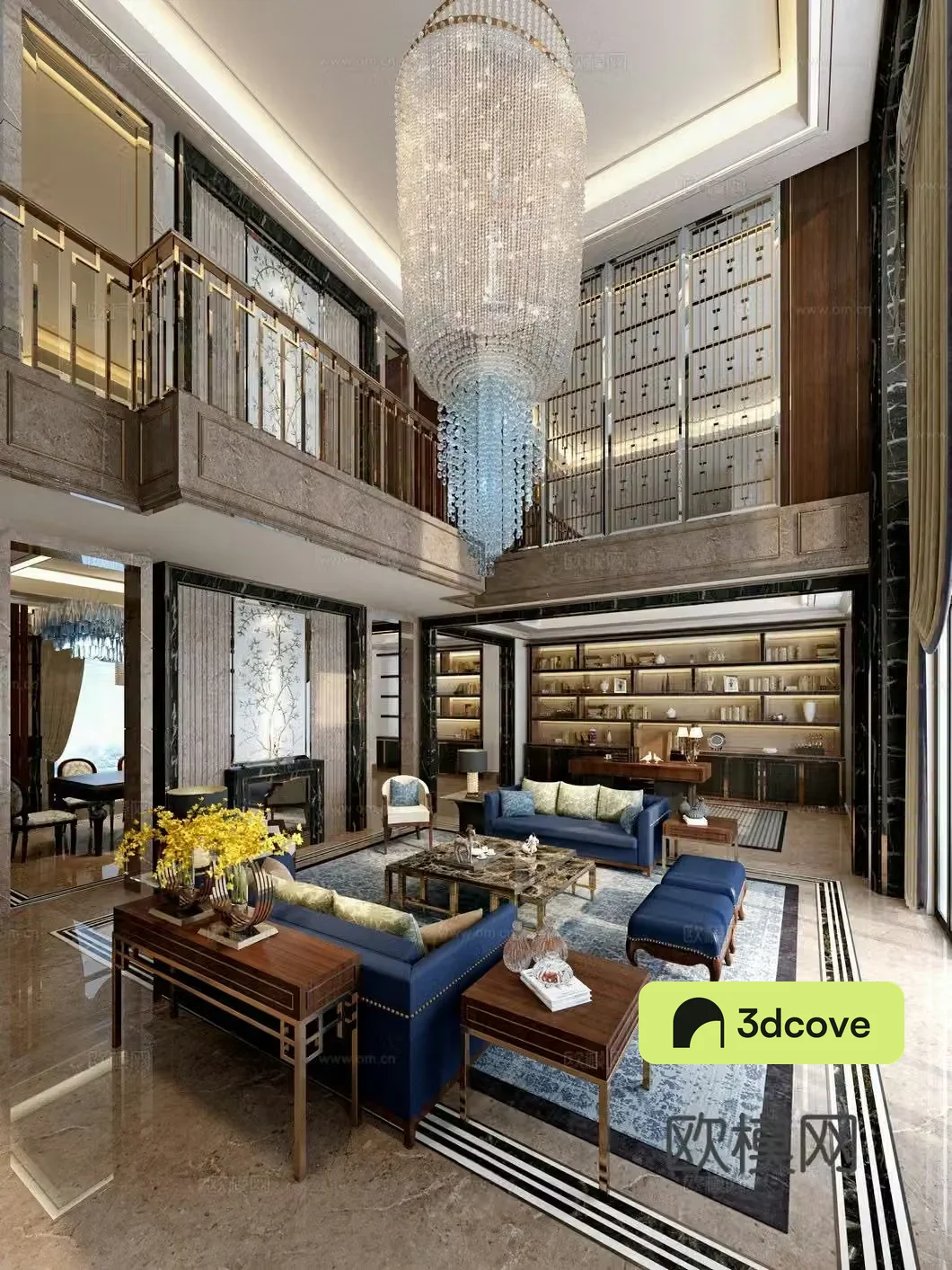 New Chinese style villa living room 3d model of villa lobby