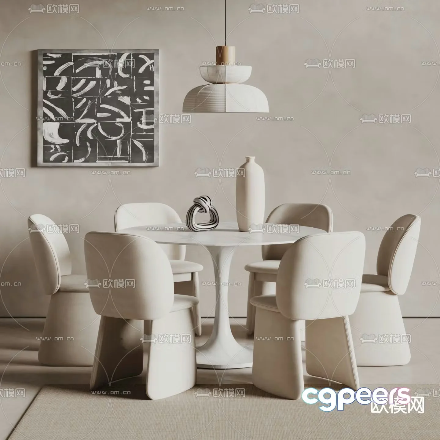 Cream style dining table and chairs 3d model
