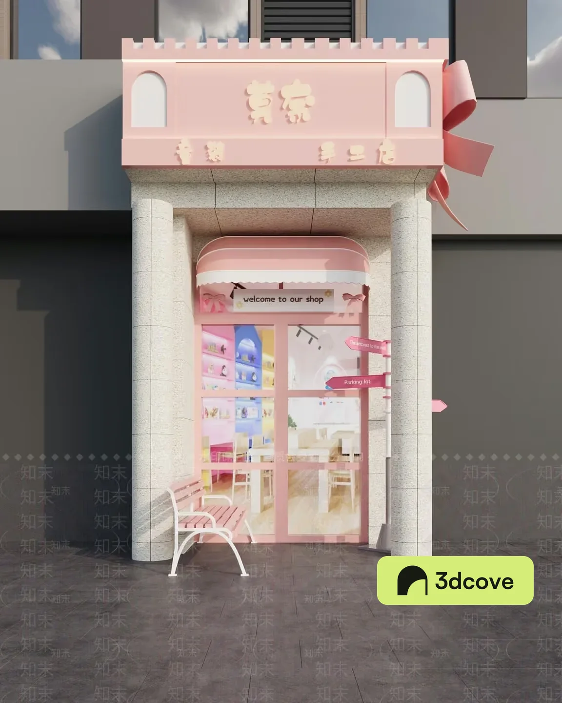 The Single Main Subject Is A Pink Shop With A Bench