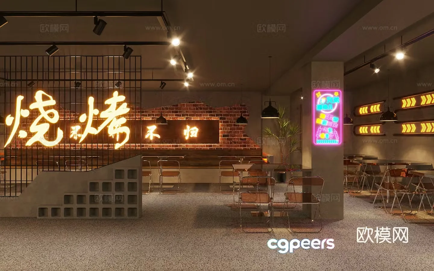 Industrial style barbecue restaurant 3d model