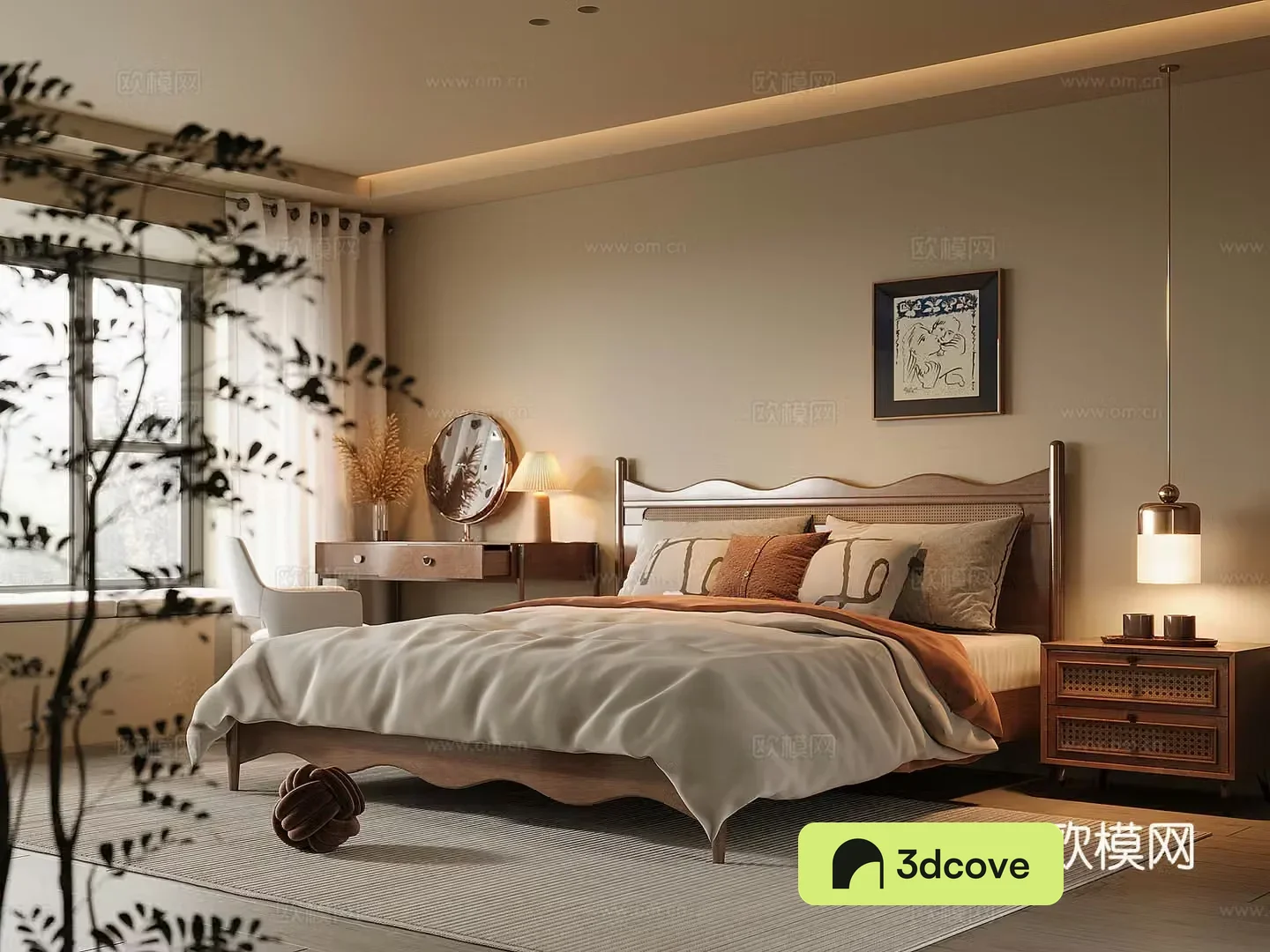 Middle-aged home bedroom solid wood double bed dressing table and chair bedside table 3D model