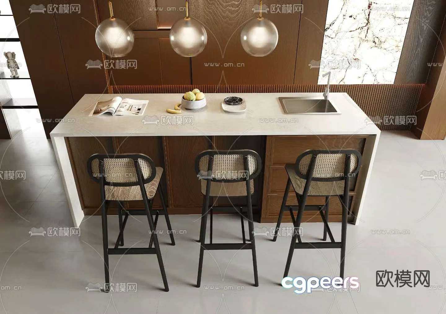 Wabi-sabi style bar island counter water bar 3D model