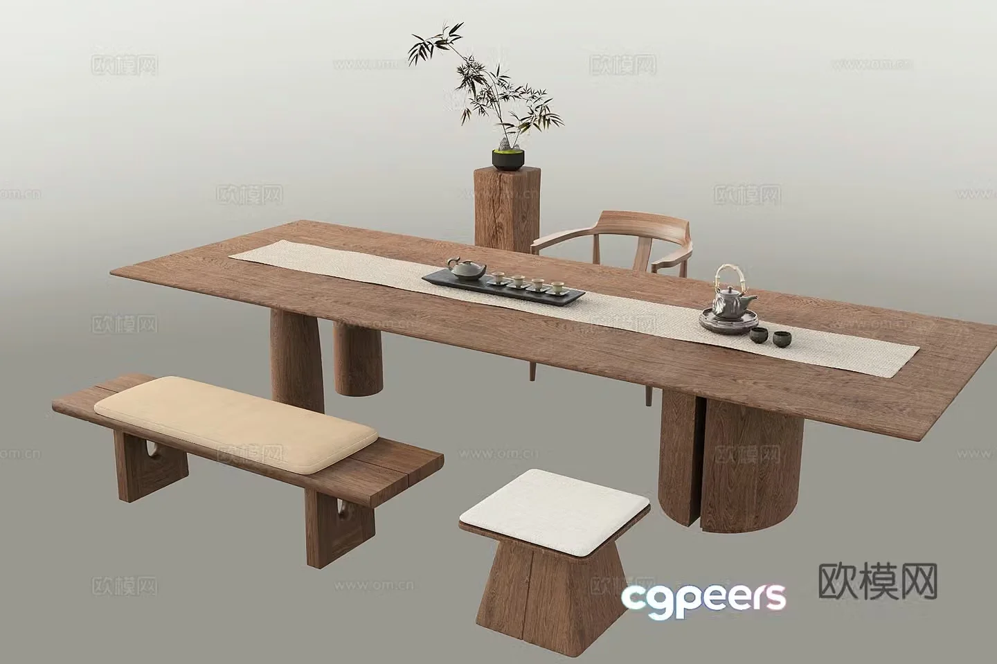 New Chinese tea table and chair New Chinese tea table and chair combination Tea set Potted ornaments 3D model