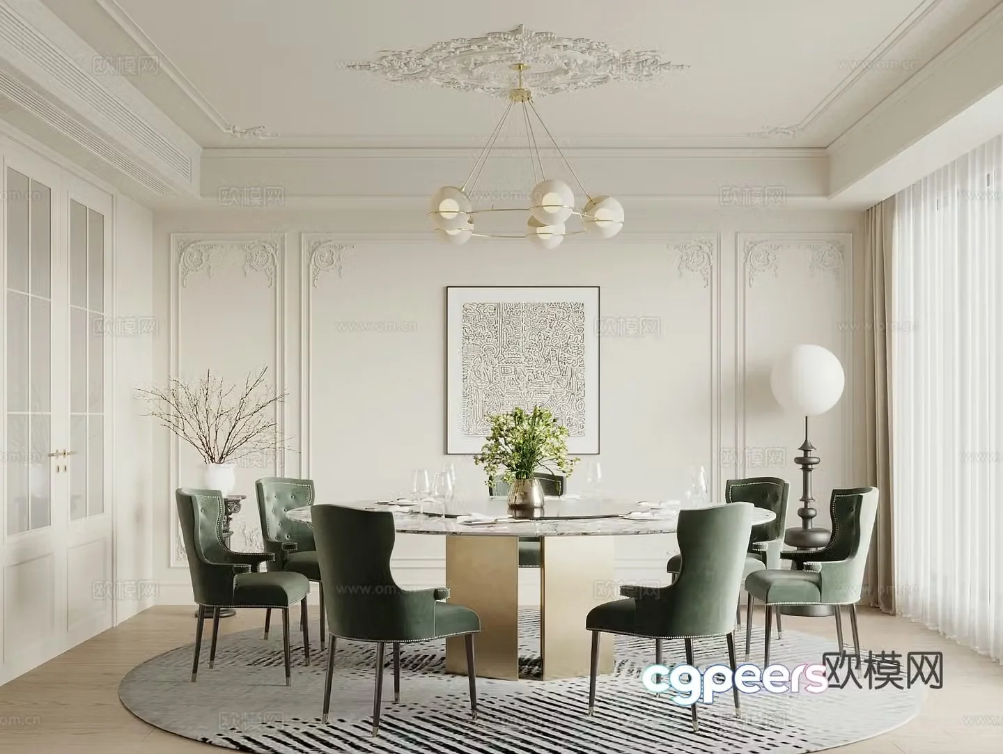 French simple European style restaurant round dining table and chair combination gypsum line background wall restaurant chandelier 3d model