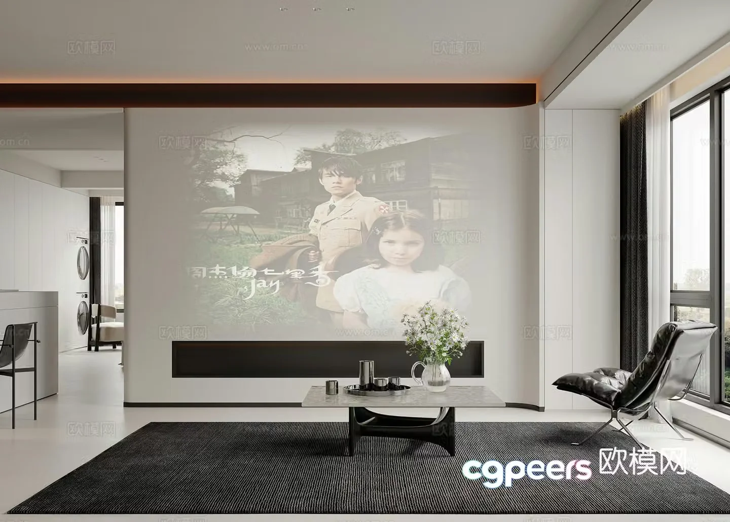 Modern living room projector TV background wall TV cabinet modern living room simple black and white 3d model