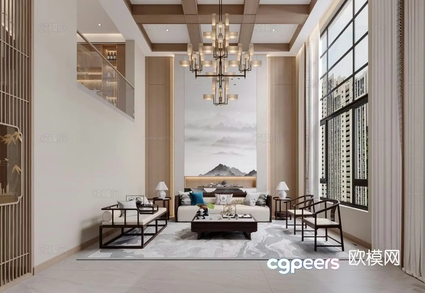 New Chinese style villa empty living room kitchen and dining room 3D model