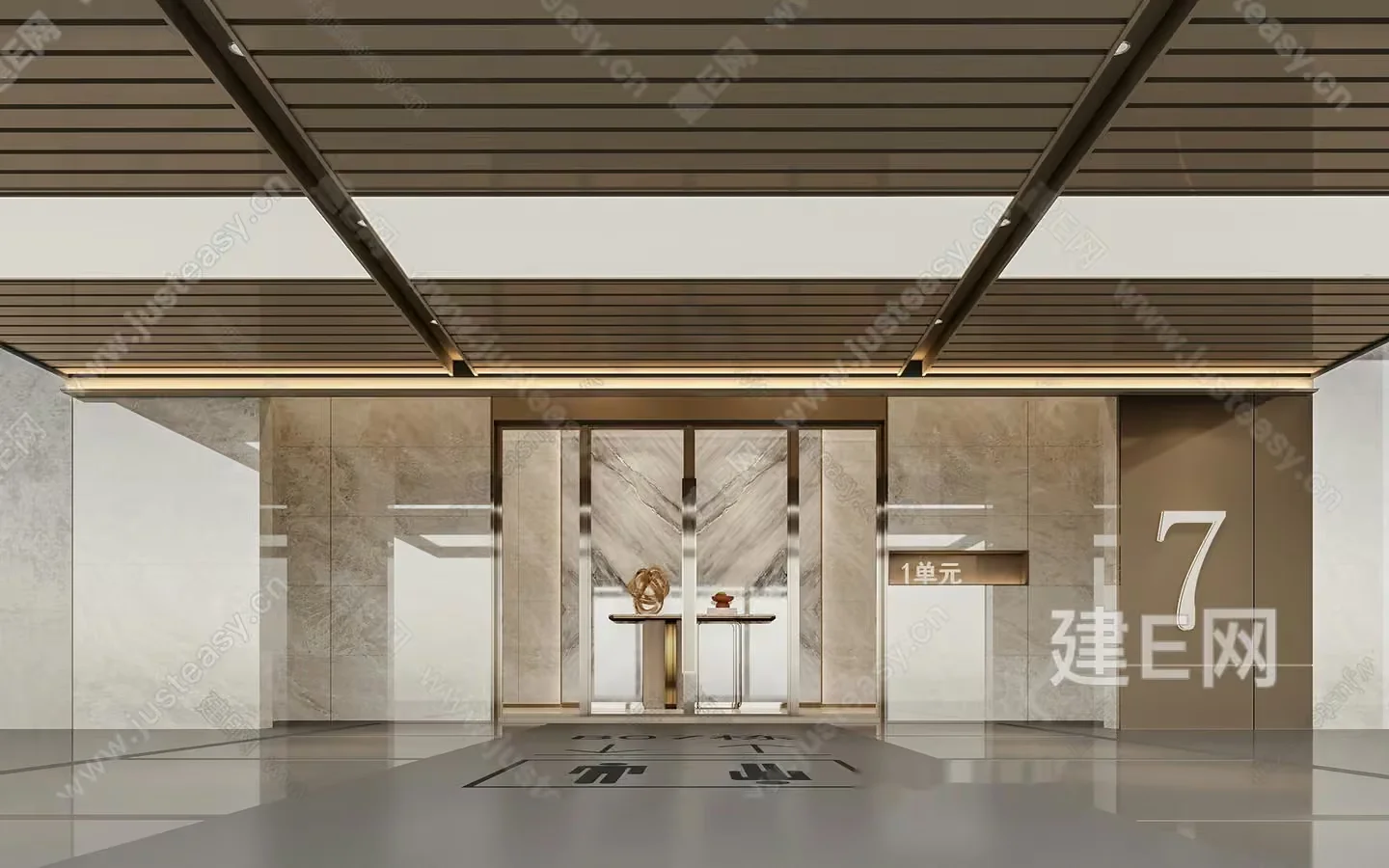 Modern Lobby With A Large Glass Door 3D Model – 6473 – VRAY Render