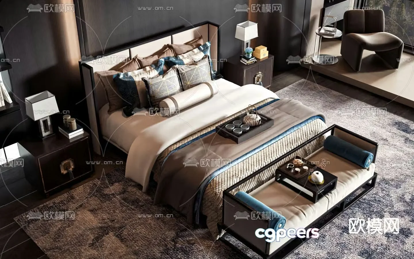 New Chinese style double bed 3d model
