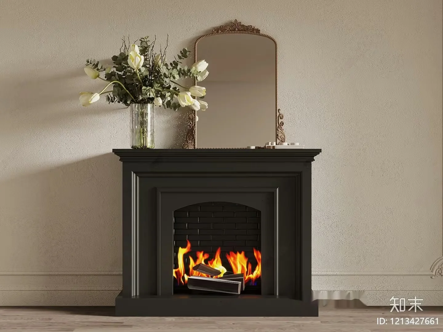 A Fireplace With A Mirror And Flowers 3D Model – 17465 – VRAY Render