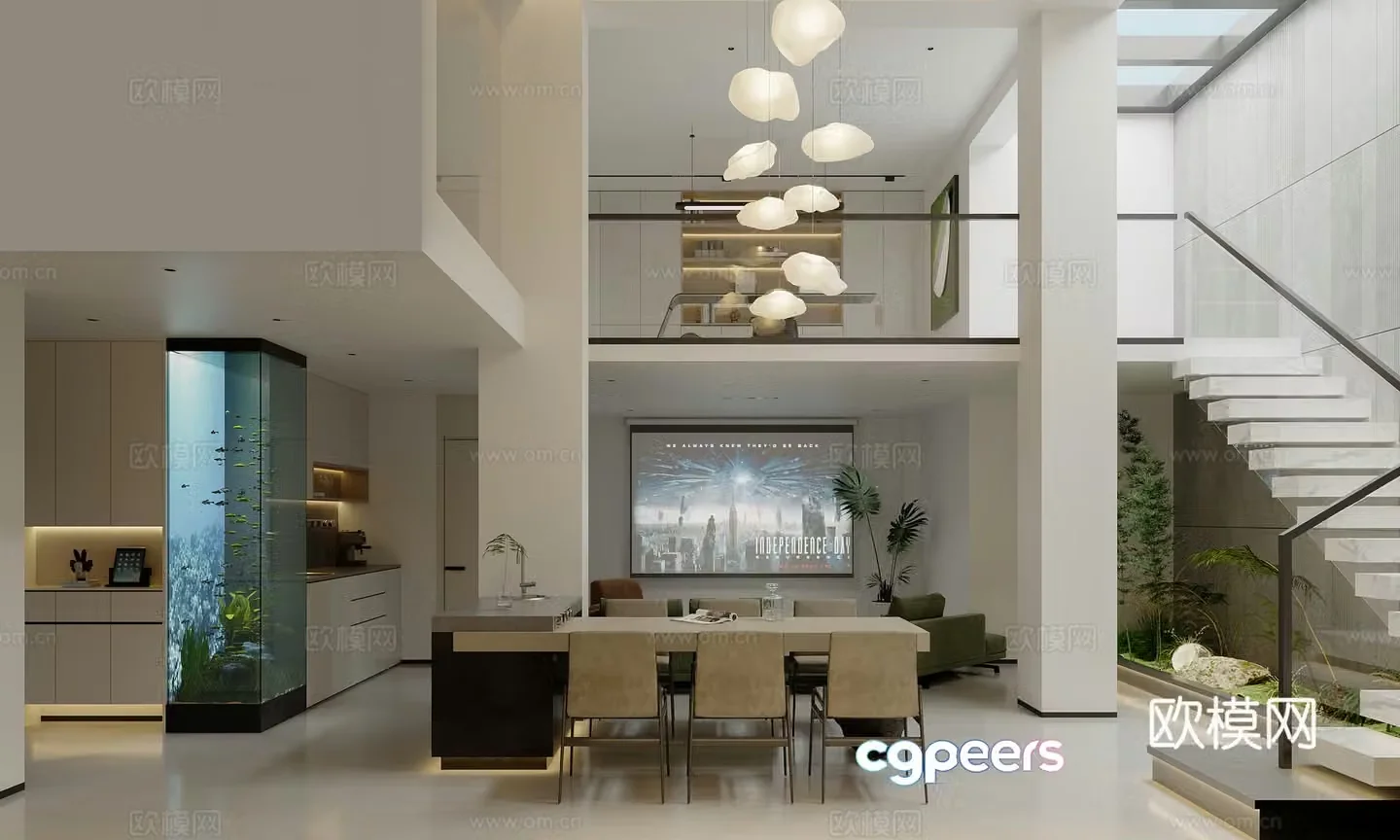 Modern living and dining room 3d model