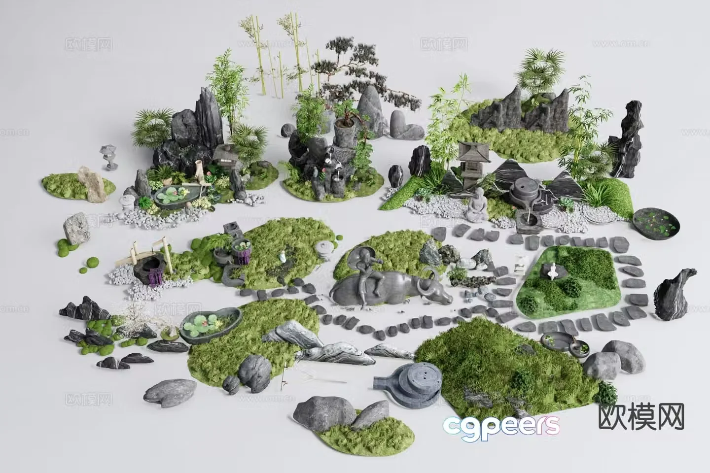 New Chinese style rockery waterscape micro terrain landscape 3D model