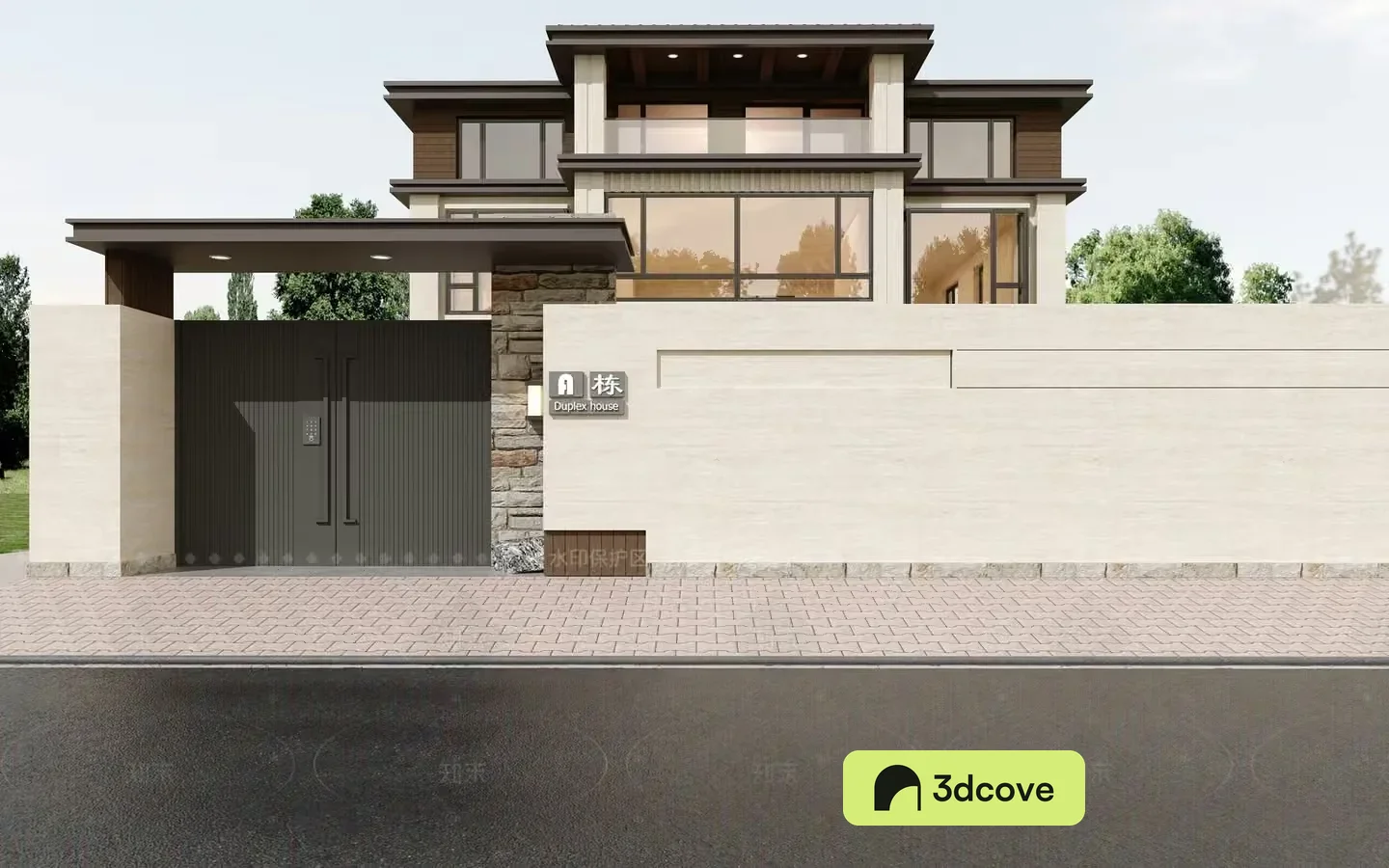 The Main Subject Is A Large House With A Fence And Gate
