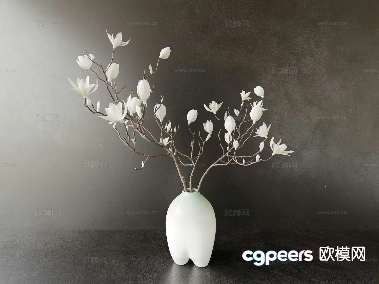 A White Vase With Branches And White Flowers 3D Model – 17839 – CORONA Render
