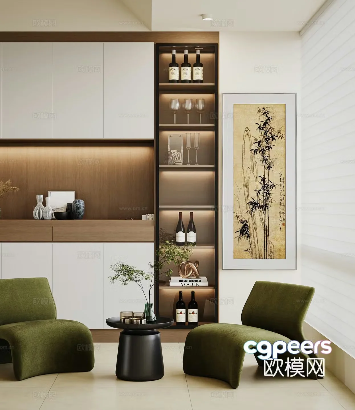 New Chinese style living room casual single sofa leisure chair chair coffee table combination 3D model