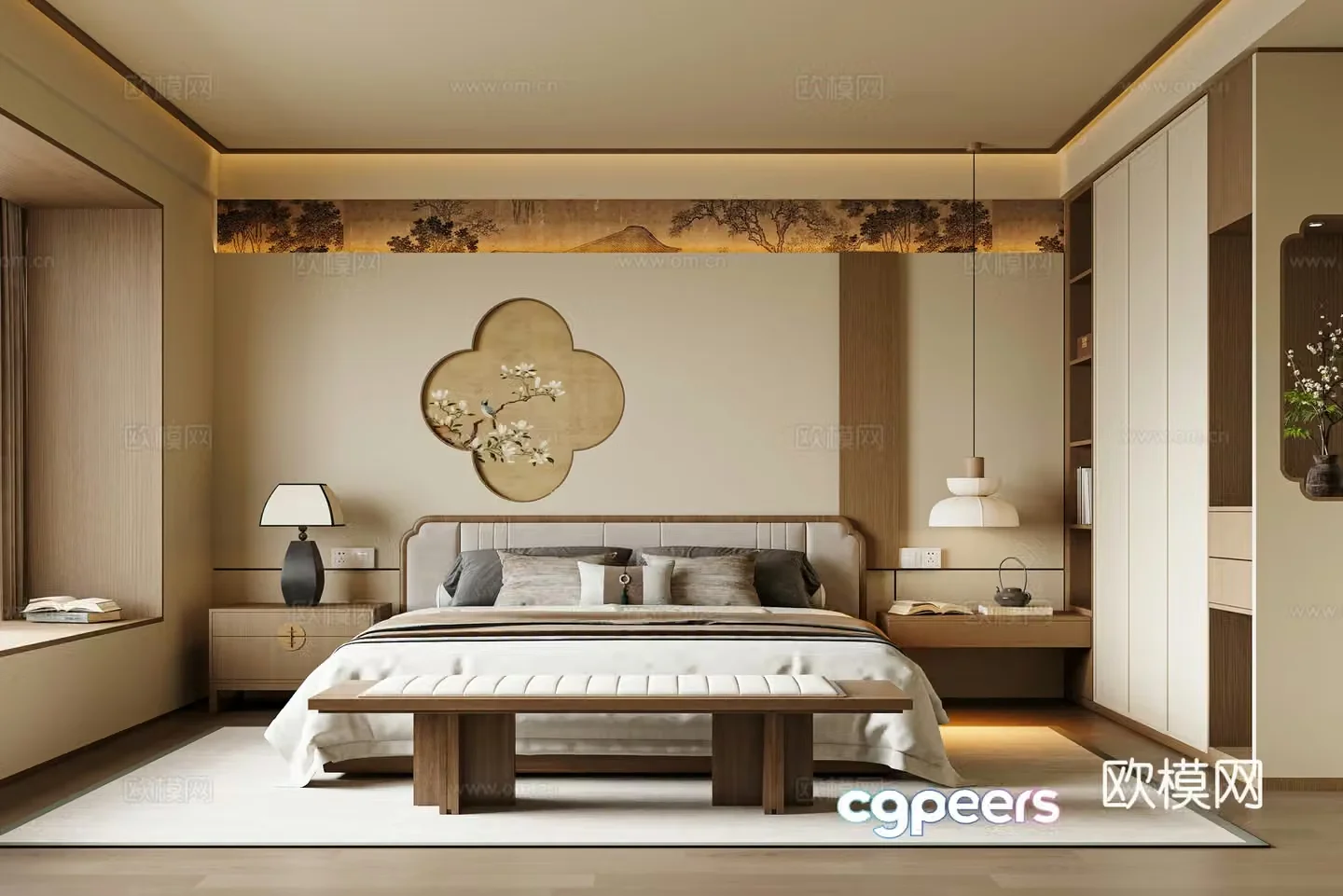 New Chinese style bedroom Song Family Bedroom Song Family Wardrobe Song Family Background Wall Double Bed 3D Model