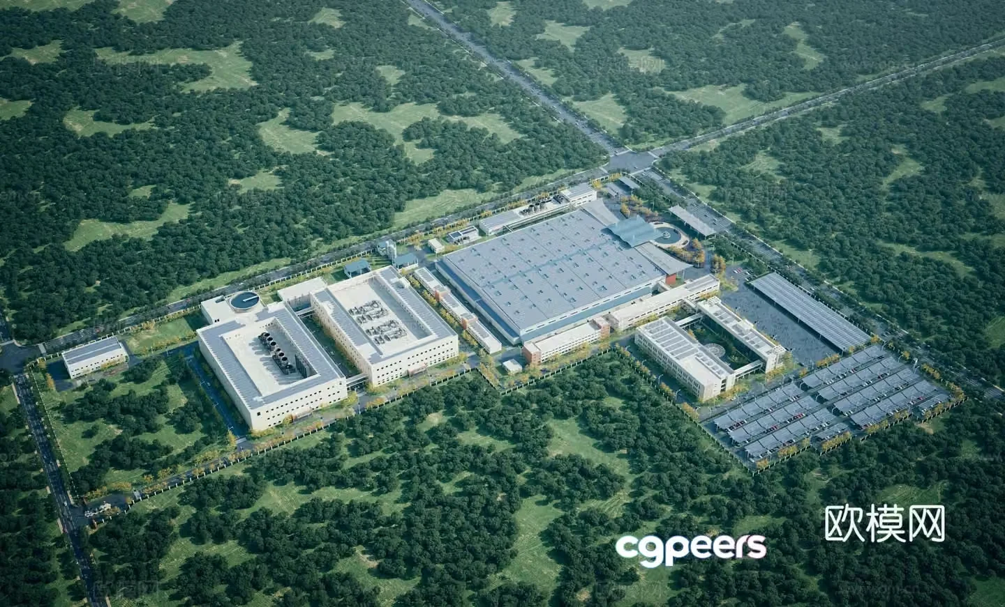 Modern factory building aerial view 3d model of factory area
