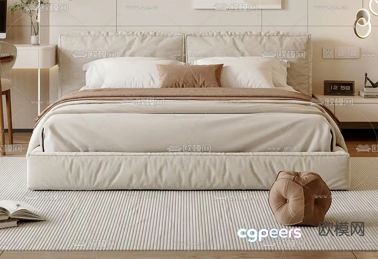 Cream style double bed 3d model