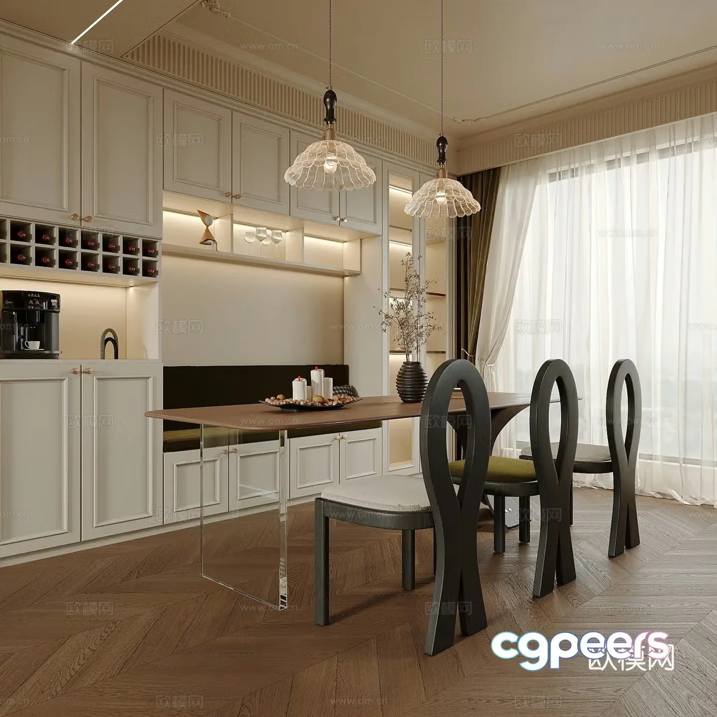 French restaurant cabin wine cabinet dining table and chair 3D model