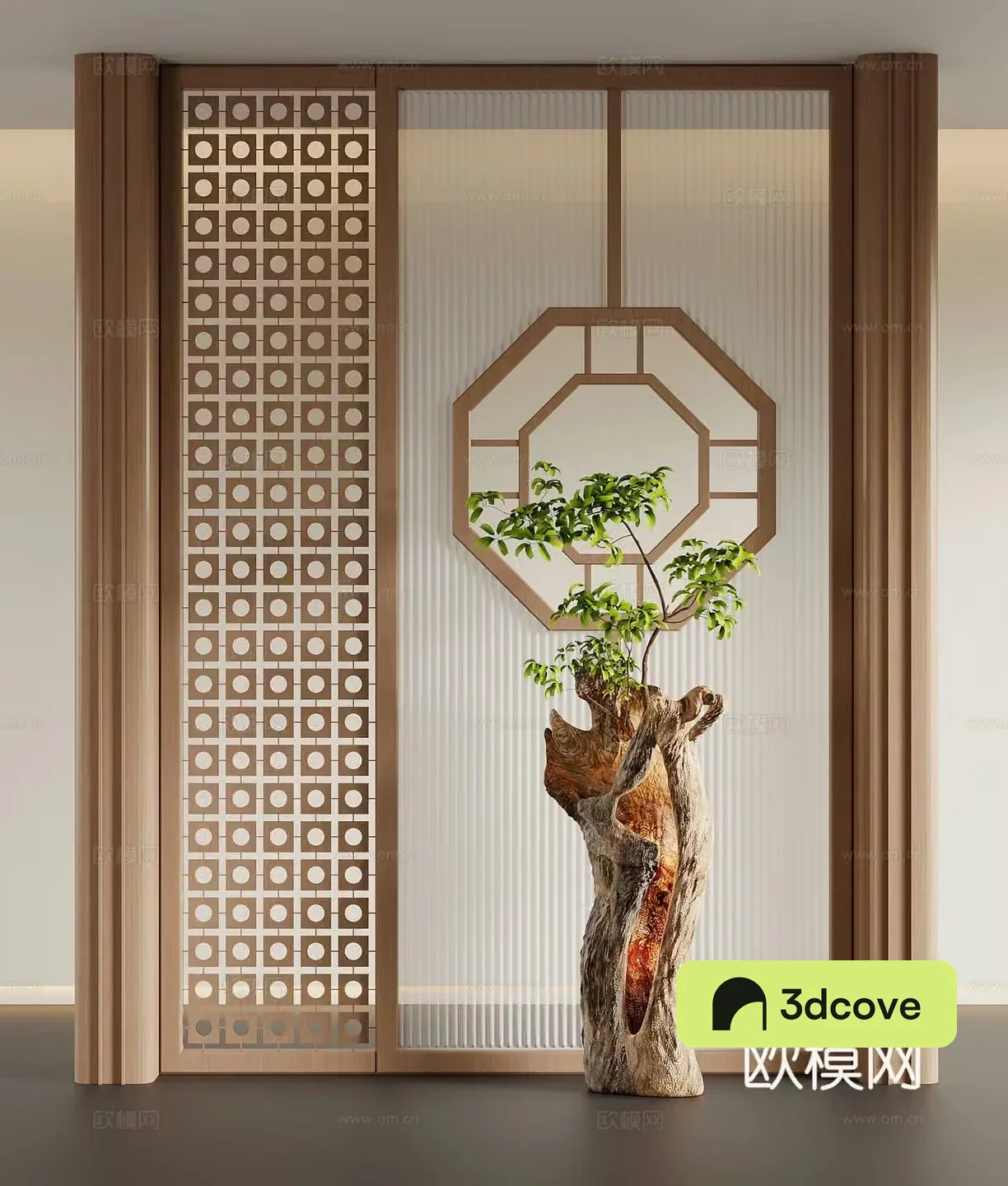 Porch new Chinese style porch partition porch background wall dead wood green plant sculpture