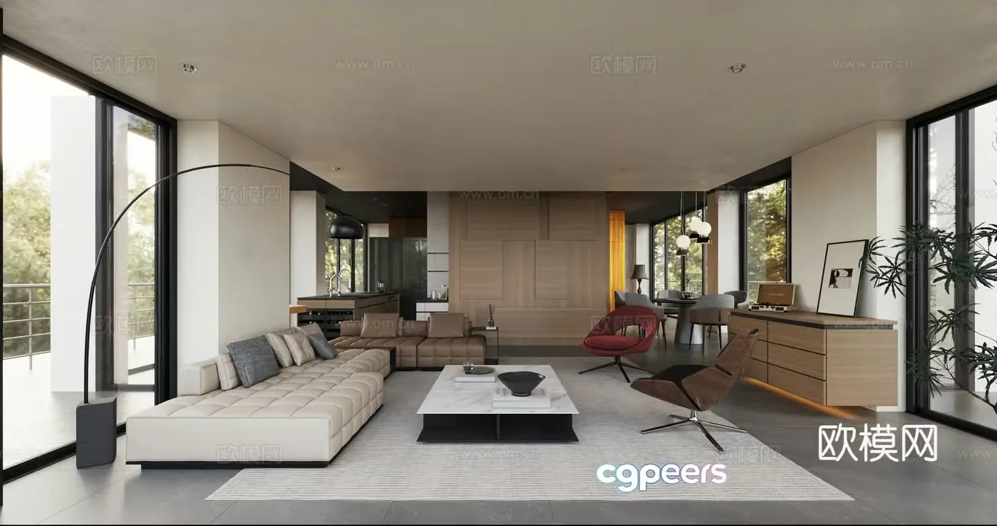 Italian minimalist villa living room large flat floor horizontal hall duplex living room 3D model