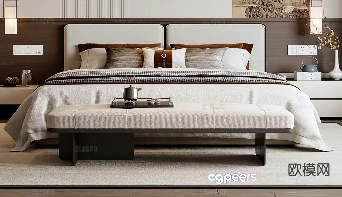 New Chinese style double bed 3d model