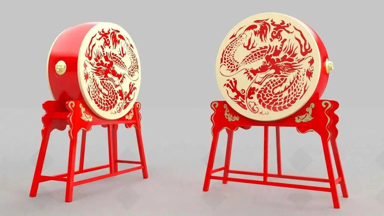 Two Red Drums With Dragon Designs 3D Model – 16711 – VRAY Render