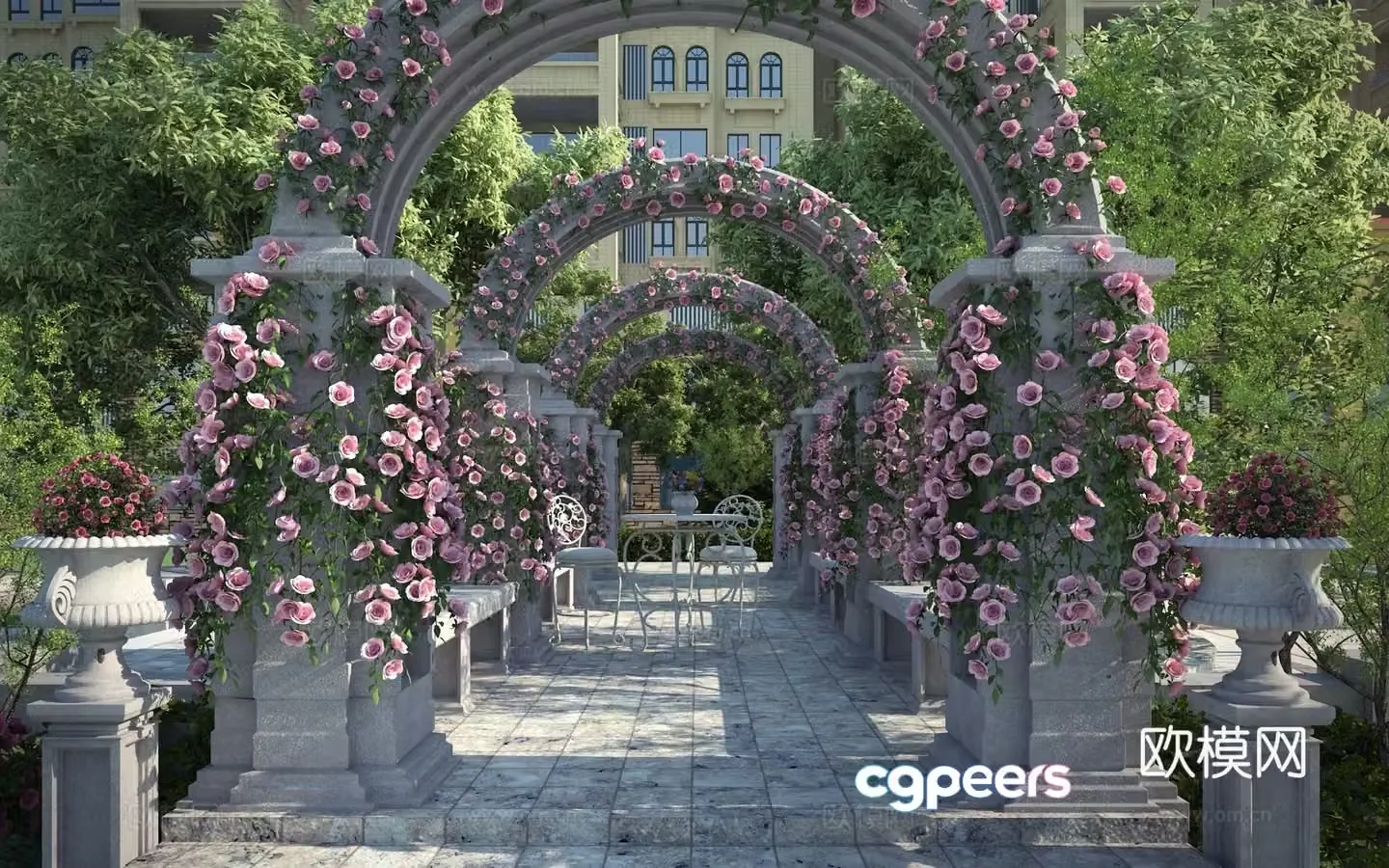 Neoclassical classical European landscape sketches Garden landscape community shrubs and trees Community high-rise 3D model
