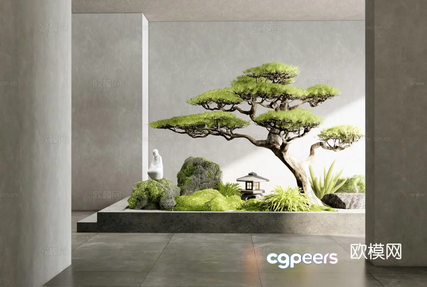New Chinese style interior landscape landscape garden sketch moss stone welcoming pine plant landscaping 3D model