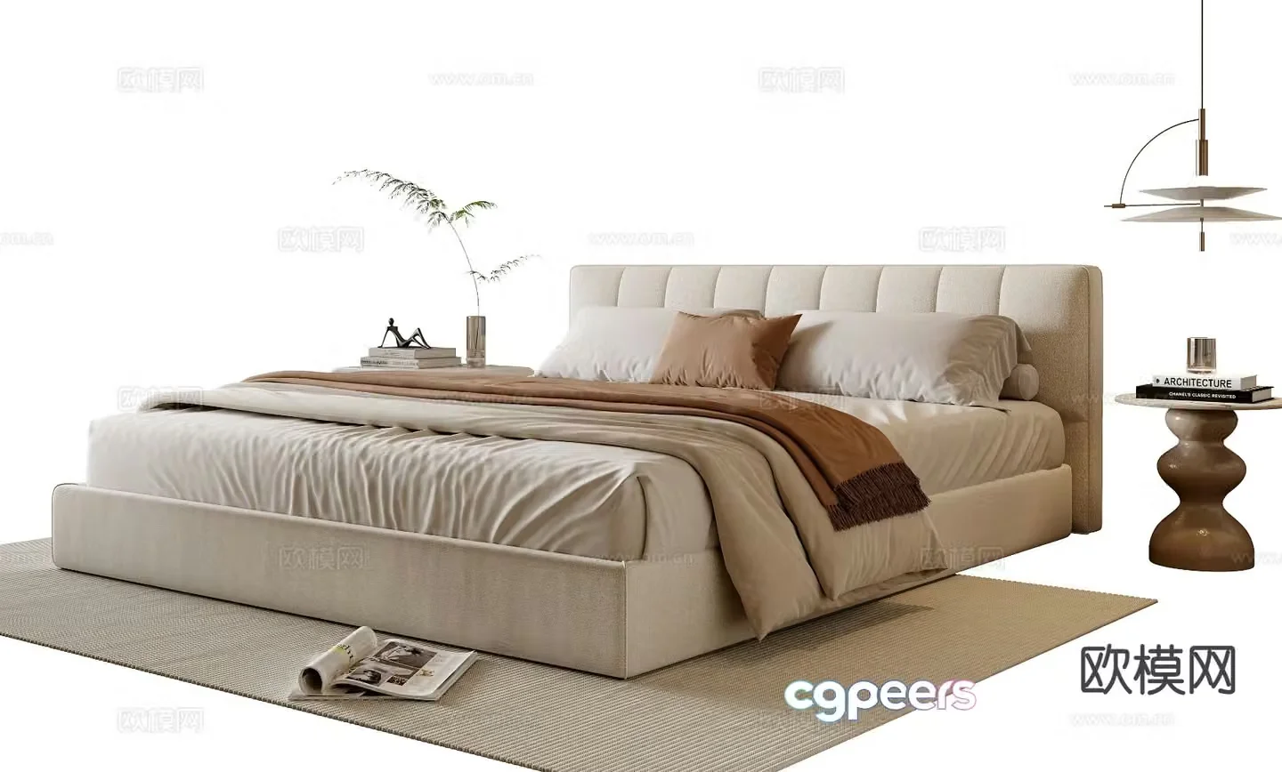 Cream style double bed 3d model