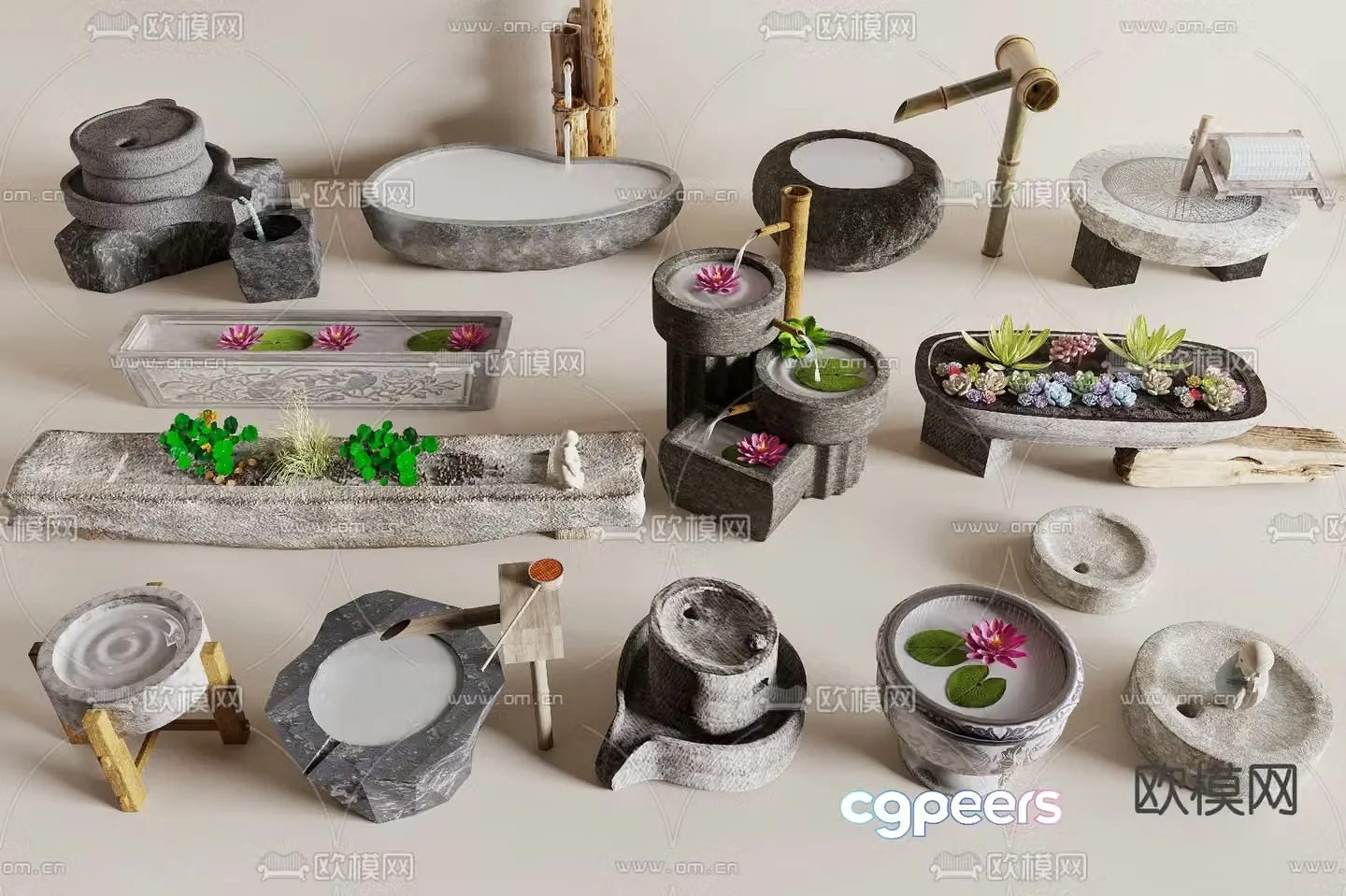 Chinese stone trough sink millstone water bowl 3D model