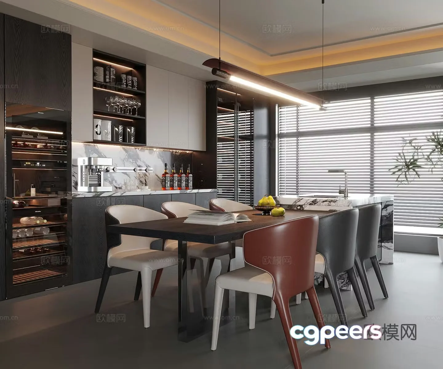Modern restaurant sideboard wine cabinet island dining table 3D model