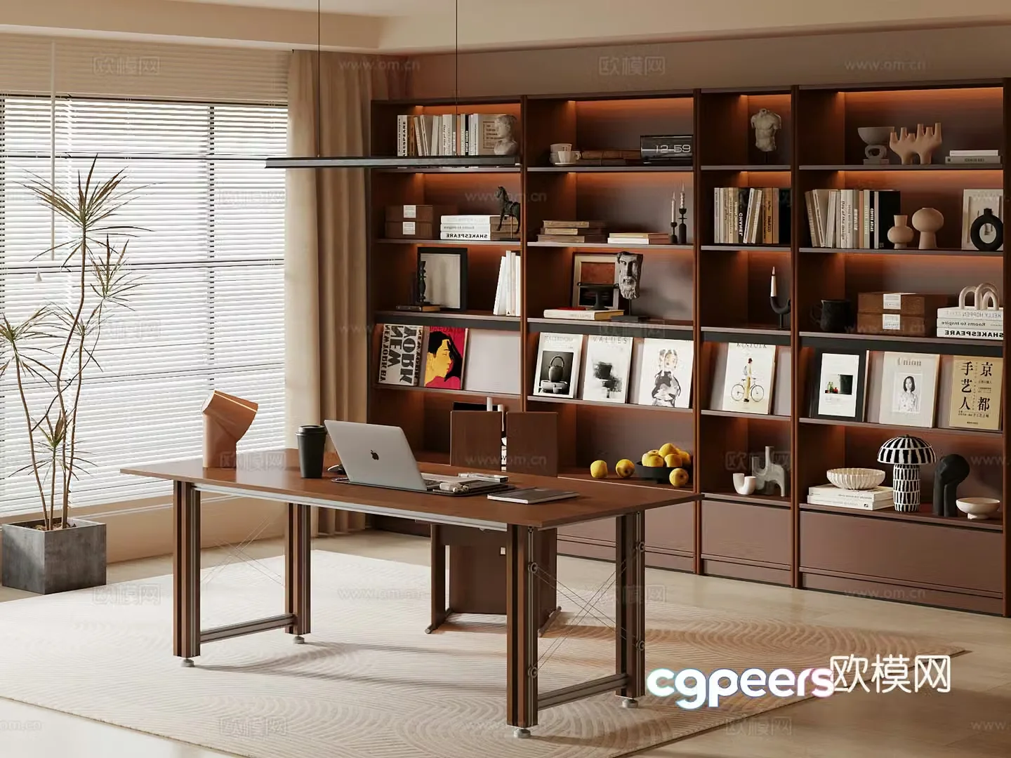 Middle-aged study bookcase desk and chair 3D model
