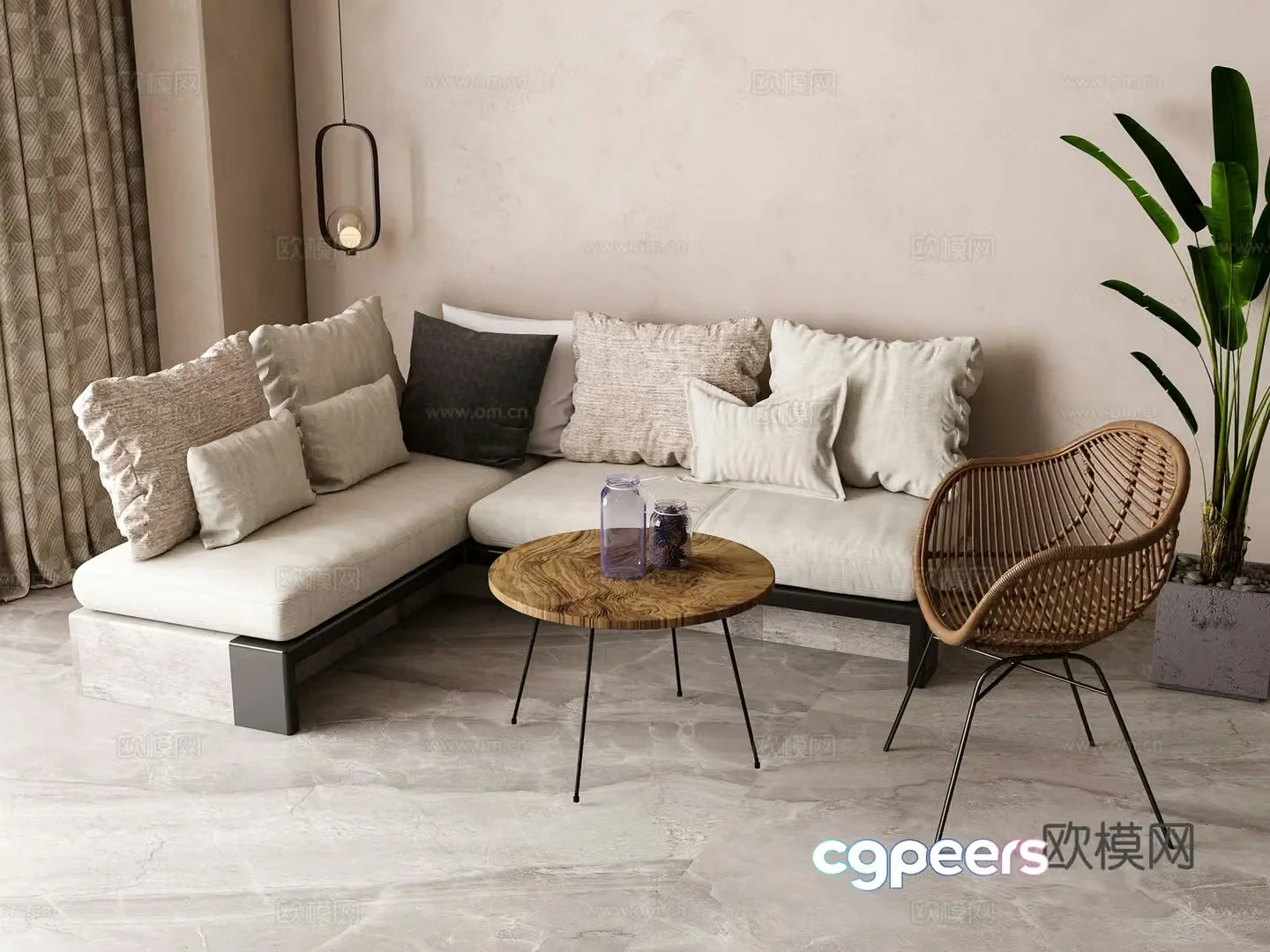 Modern corner sofa coffee table combination 3D model