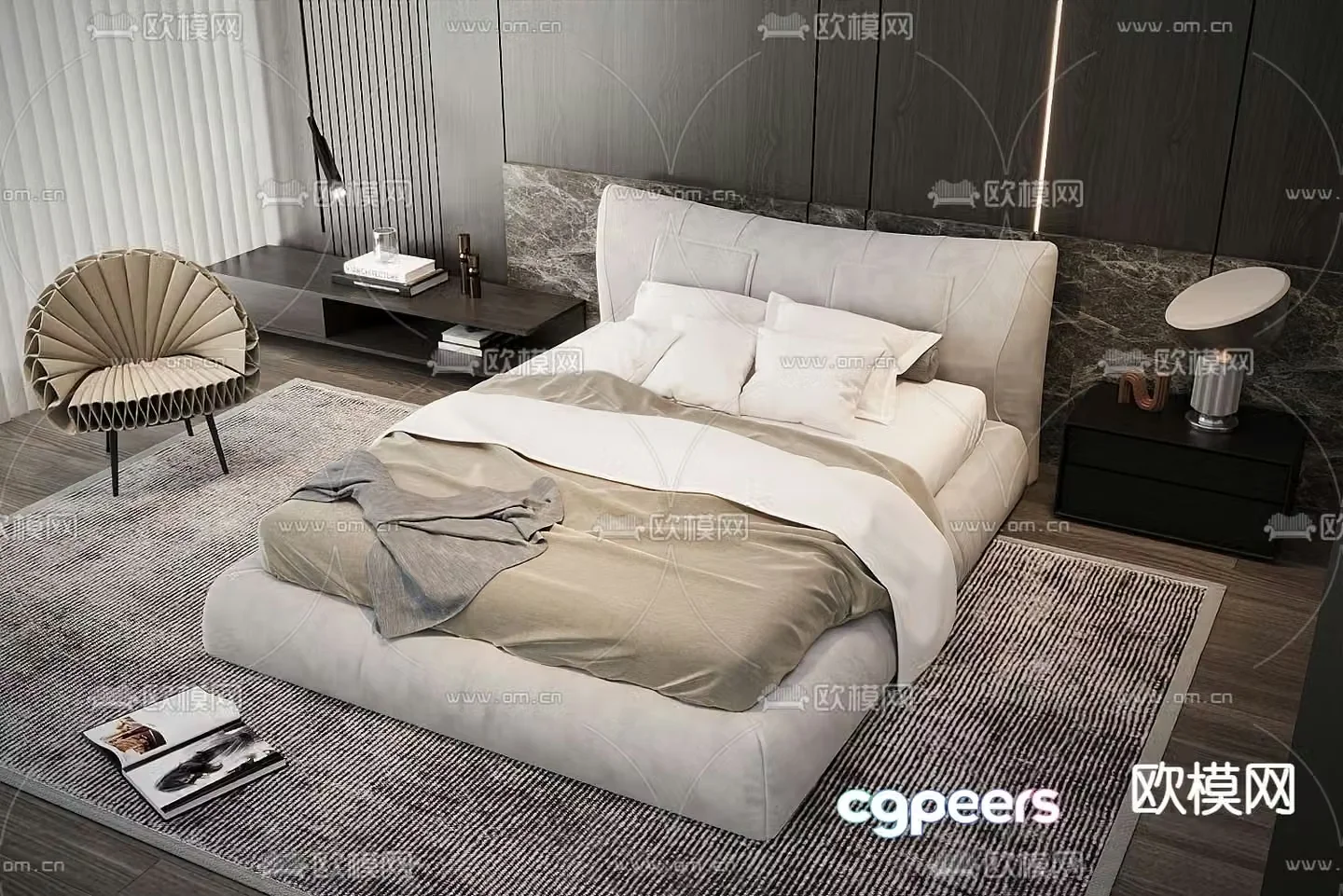 Modern double bed fabric bed 3d model