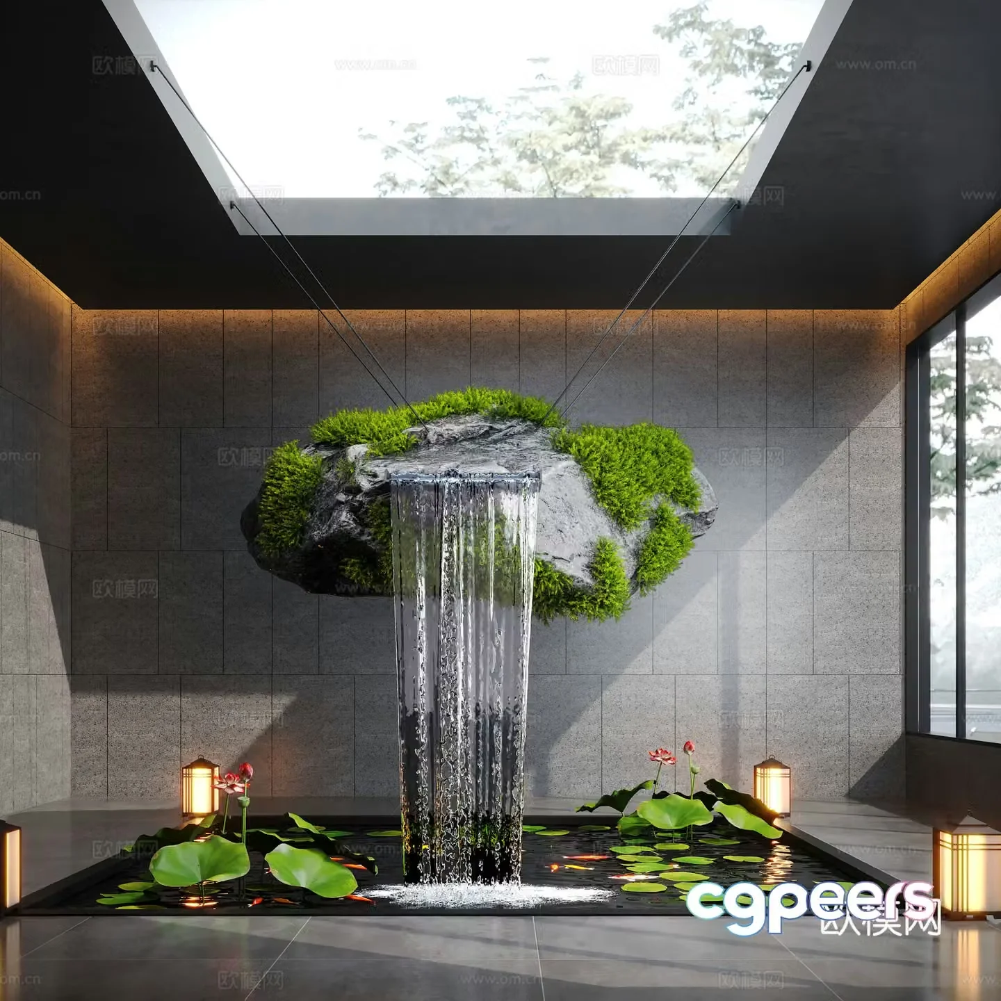 Modern water landscape indoor water landscape pumice stone moss indoor fish pond 3d model