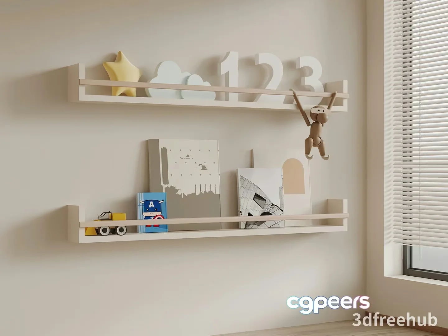A Minimalist White Shelf With Various Decorative Items 3D Model – 5515 – VRAY Render