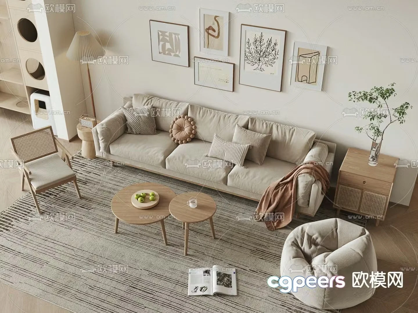 Nordic sofa combination three-person sofa 3D model