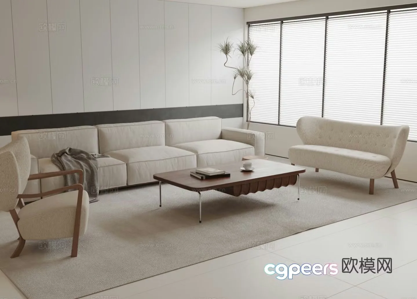Cream style three-seat sofa modular sofa 3D model