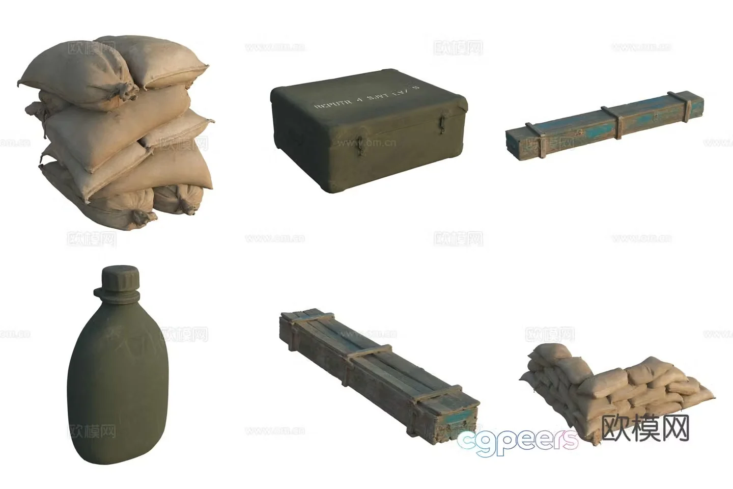 Military equipment iron box sandbag pile military kettle 3d model