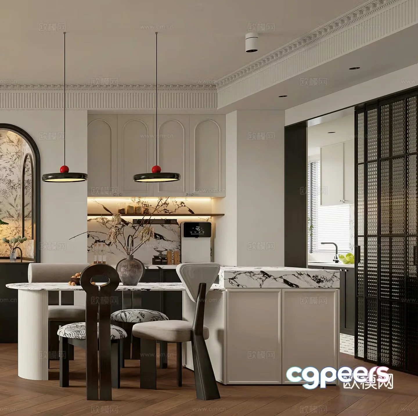 Middle style restaurant French restaurant island dining table chandelier wine cabinet direct drinker line tube machine 3d model