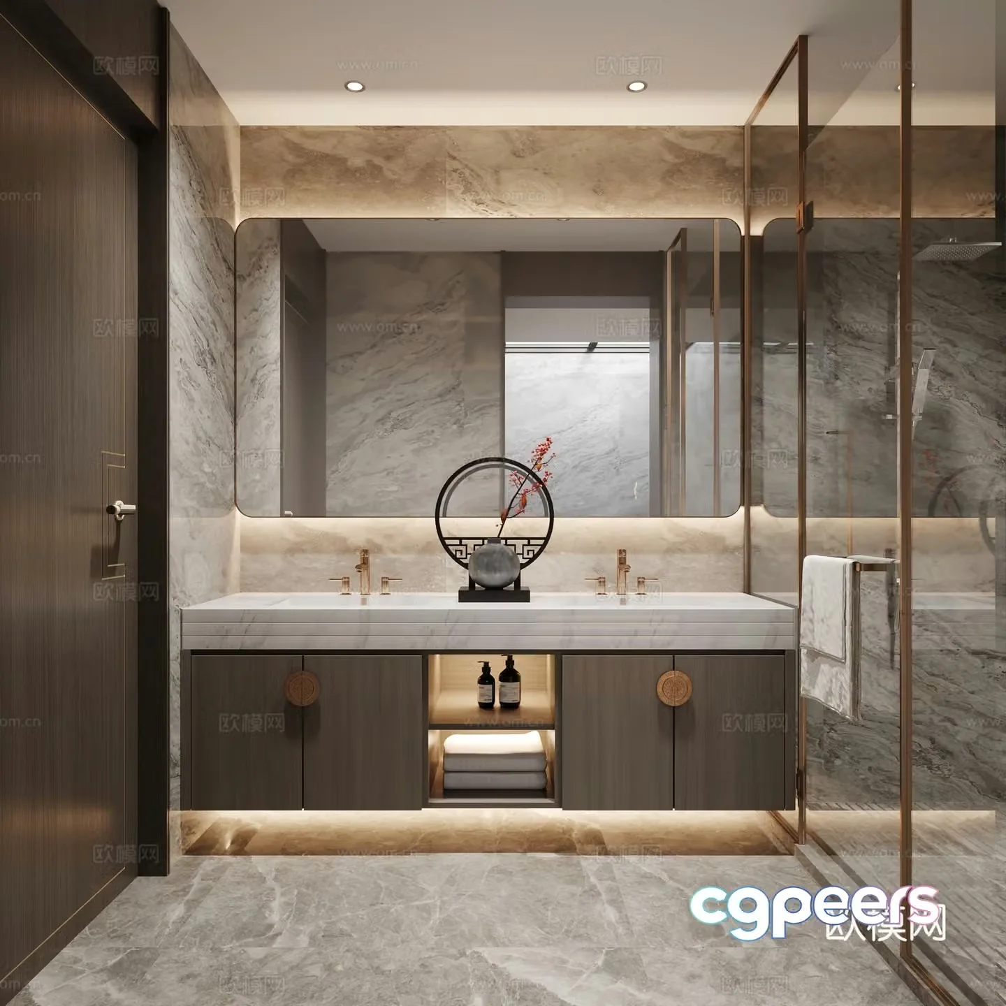 New Chinese style bathroom sink shower cabinet mirror towel faucet new Chinese style ornaments 3D model