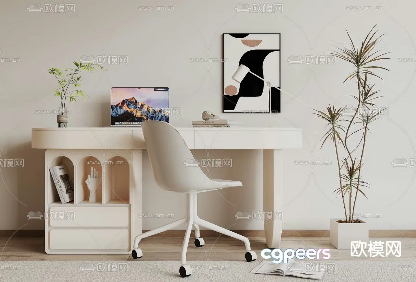 Cream style desk study table 3d model