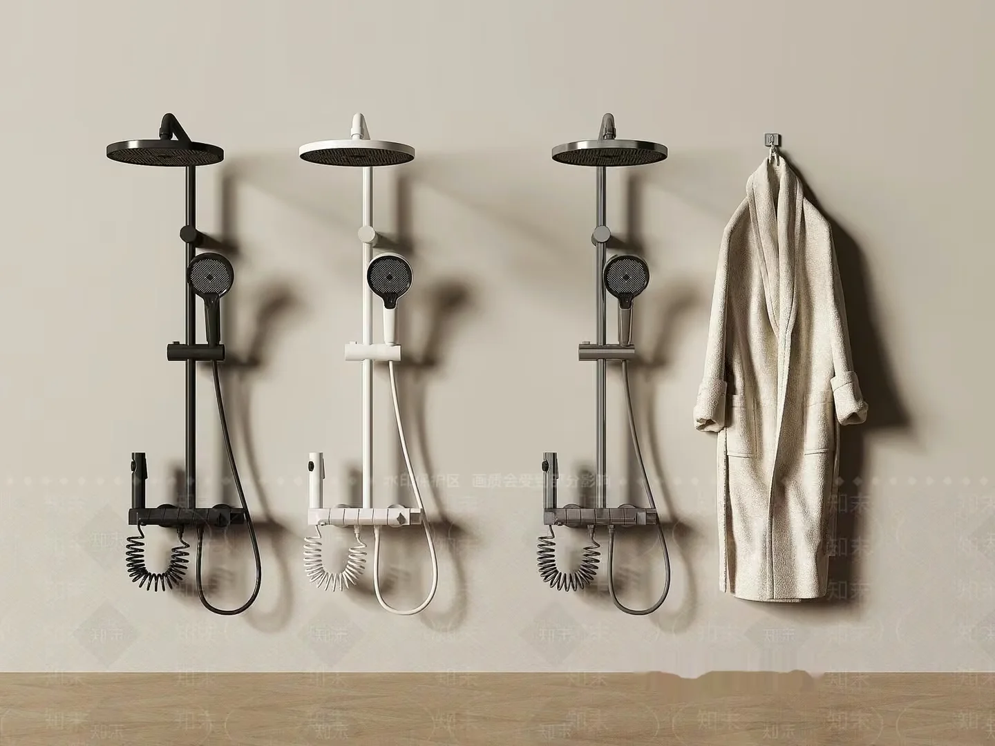 Three Shower Heads And A Robe 3D Model – 3236 – VRAY Render