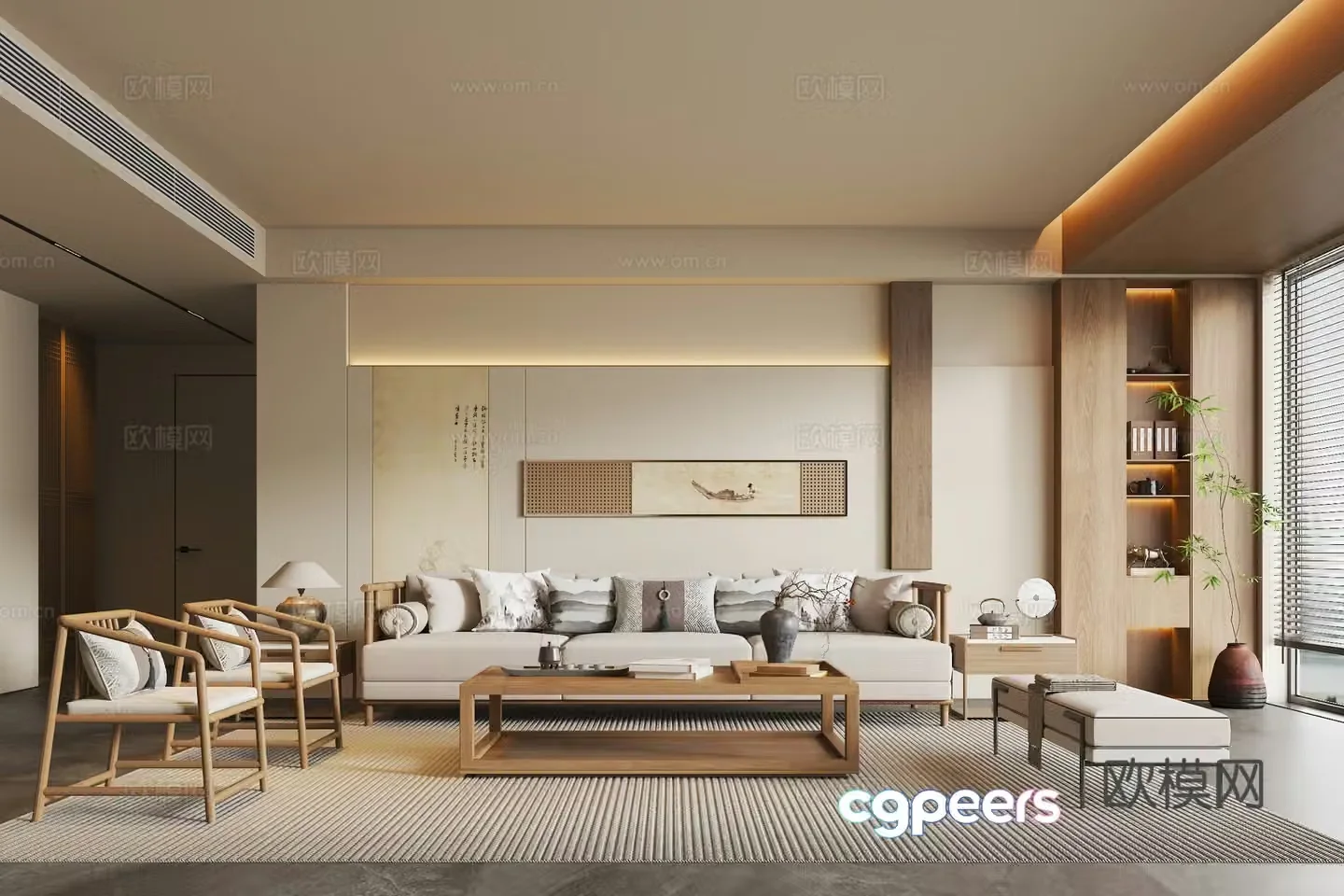 New Chinese style Song style living room solid wood sofa coffee table combination solid wood single chair sofa side table bookcase 3D model
