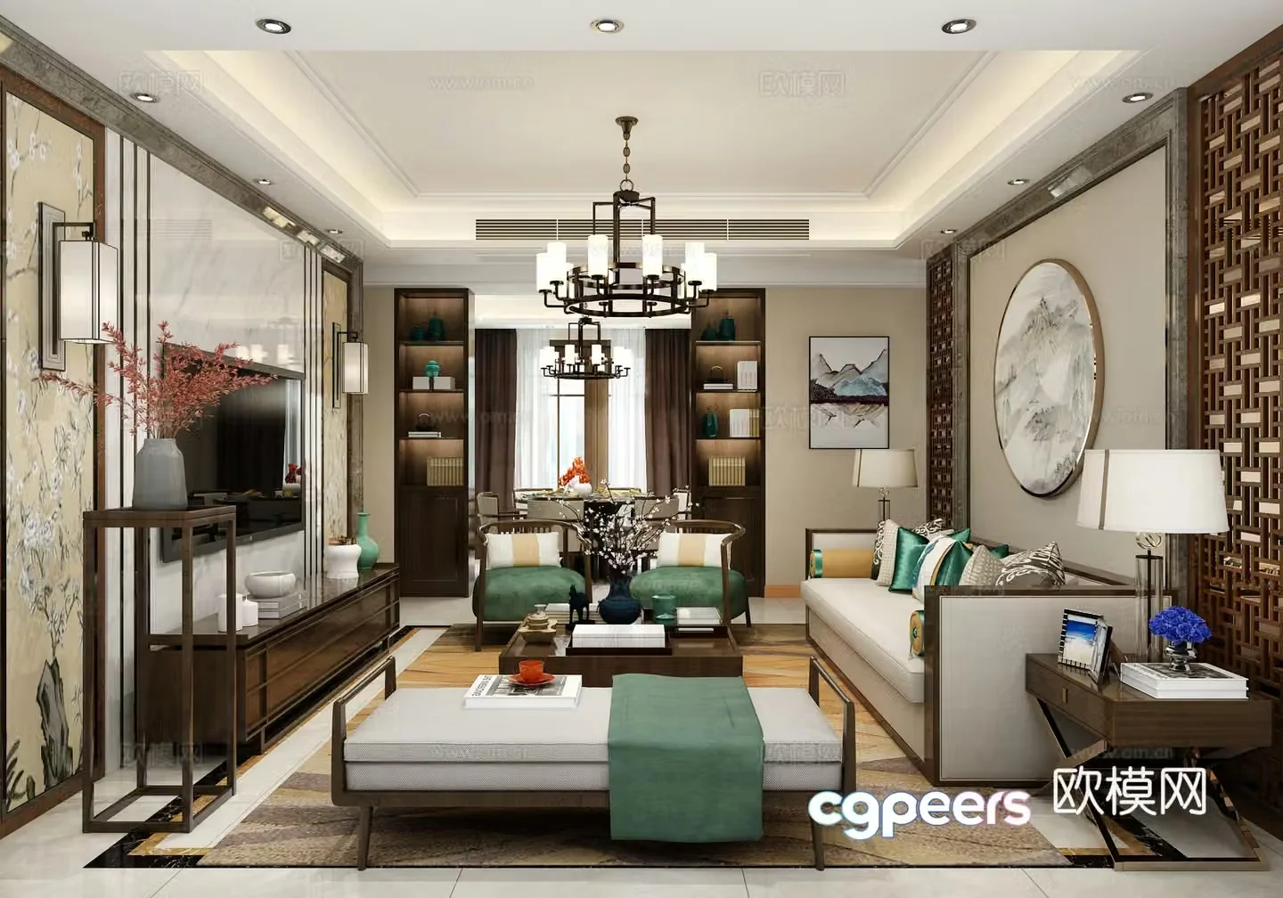 New Chinese style living and dining room sofa combination sofa coffee table chandeliers desktop ornaments 3D model of hanging paintings