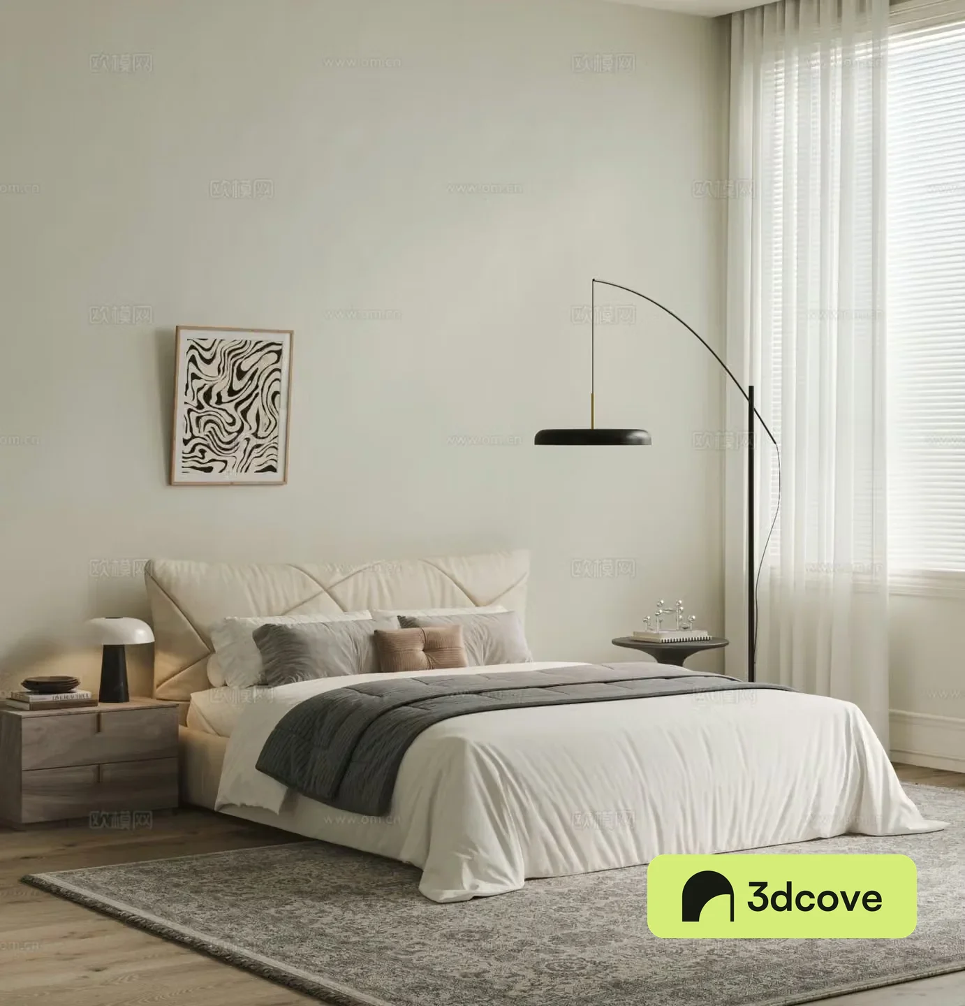 Modern cream style double bed fabric double bed backrest double bed floor lamp bed nightstand hanging
